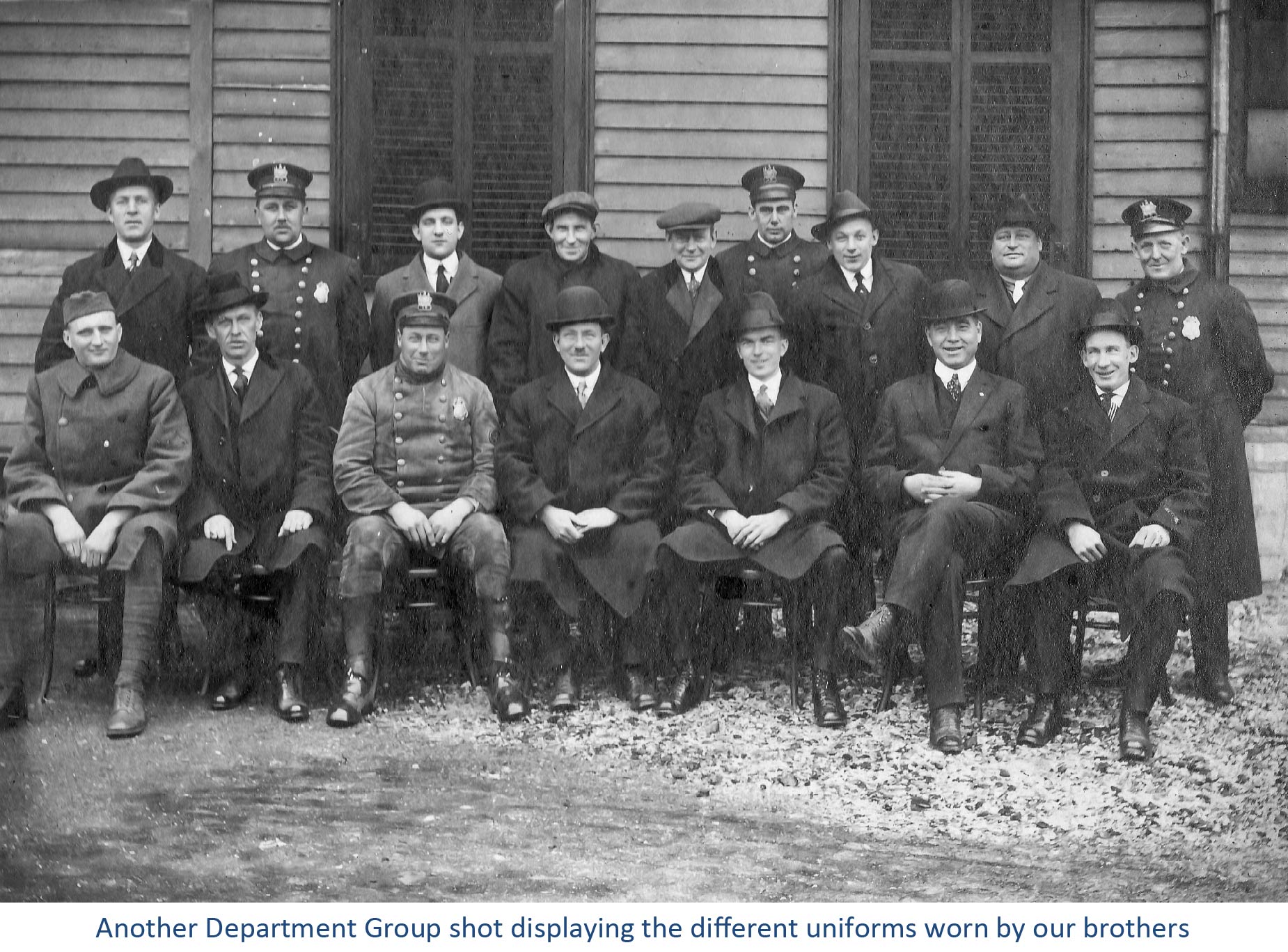 Department group shot displaying the different uniforms worn